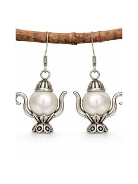 Handmade Antique Silver Teapot Earrings Whimsical Dangle Jewelry with Beads Gift